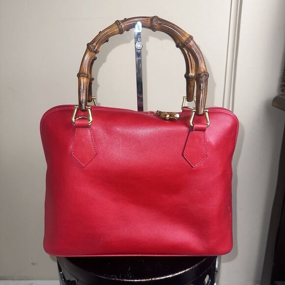 Authentic Vintage GUCCI Bamboo Red Calf Leather 2-Way Shoulder Hand Bag - Picture 5 of 13